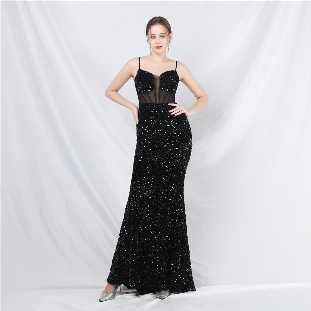 Elegant Boning Corset Mesh Sequin Evening Dress