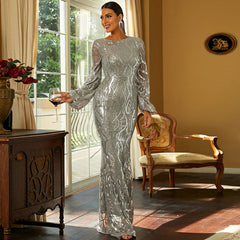 Elegant Long Sleeve Sequined Evening Dress