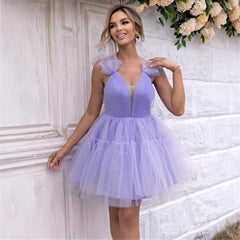 Deep V Plunge Neck Ruffle Mesh Party Dress