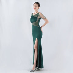 Elegant Embroidery Drilling Sheer Mesh Satin Evening Dress