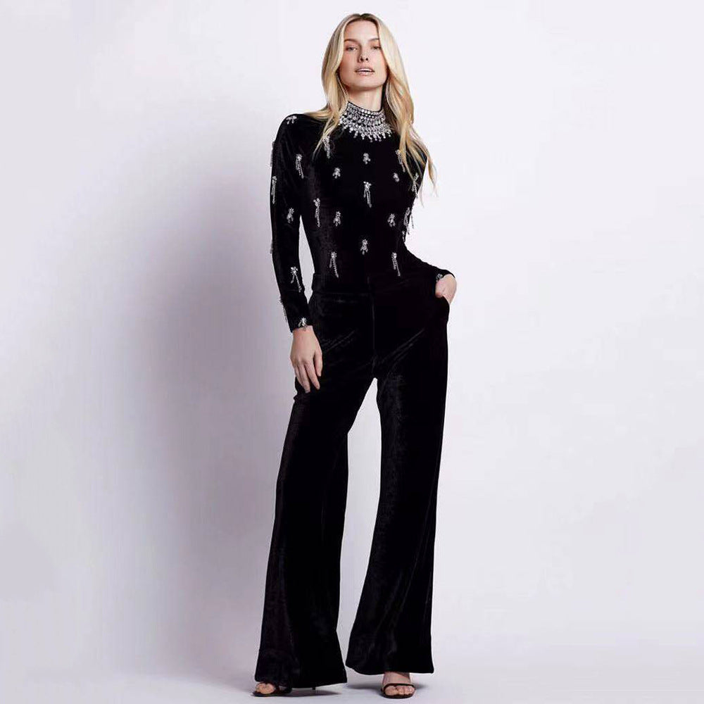 Long Sleeve Beaded Diamond Wide Leg Jumpsuit