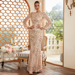 Elegant Long Sleeve Sequined Evening Dress