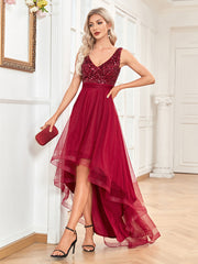 Women Chiffon Double V Neck A Line Sequin Evening Dress