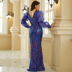 Long Sleeves Sequined Backless Evening Dress