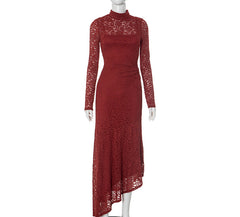 Women Lace Stitching Pleated Long Sleeve Dress