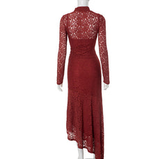 Women Lace Stitching Pleated Long Sleeve Dress