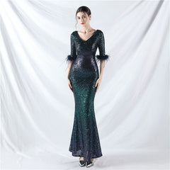 Elegant Feather Gradient Sequin Long Sleeve Evening Dress