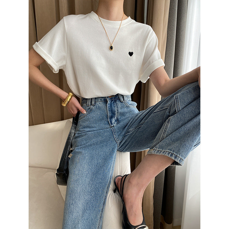 Heart Embroidered Shoulder Casual Short Sleeved T Shirt