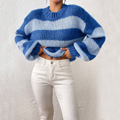 Women Round Neck Long Sleeves Stripes Sweater