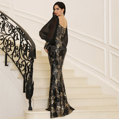 Long Sleeves Sequined Backless Evening Dress