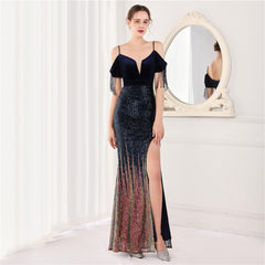 Elegant Velvet Short Sleeve Spaghetti Straps Evening Dress