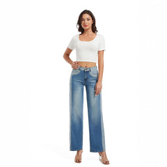 Women Mid Waist Straight Contrast Color Jeans