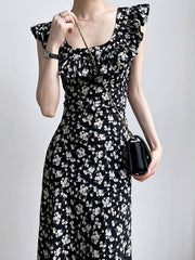 Square Collar Ruffled Floral Summer Vacation Dress