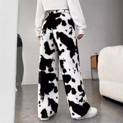 Cow Pattern High Waist Casual Furry Trousers