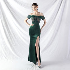 Elegant Ostrich Fur Velvet off Neck Evening Dress