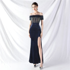 Elegant Ostrich Fur Velvet off Neck Evening Dress