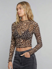 Elegant Mesh Leopard Print Long Sleeve Short Top