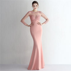 Elegant Satin Rhinestone Lace Long Sleeve Evening Dress