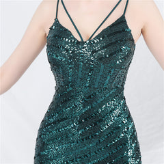 Women Sling Shoulder Low Cut Sequined Evening Dress