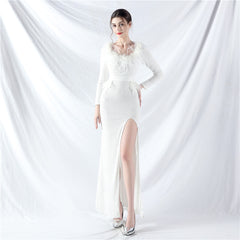 Ostrich Feather Long Sleeve Sequin Evening Dress