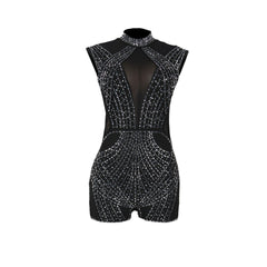 Rhinestone See through Sleeveless Slim Romper