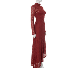 Women Lace Stitching Pleated Long Sleeve Dress