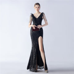 Elegant Feather Beaded Long Sequined Evening Dress