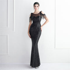 Elegant Beaded Tube Top Short Sleeve Sequined Formal Dress