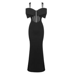 Black Rhinestone Strappy Bow Semi Transparent Formal Dress