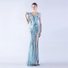 Elegant Feather Beaded Long Sequined Evening Dress