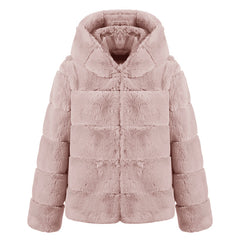 Short Solid Color Loose Hooded Faux Fur Coat