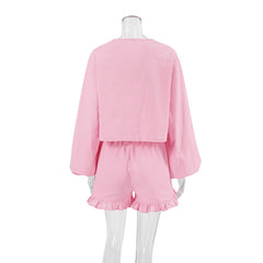 Autumn Pink Cotton Long Sleeve Shorts Ruffled Pajamas Sets