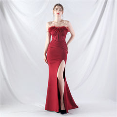 Elegant Feather Boning Corset Satin Evening Dress