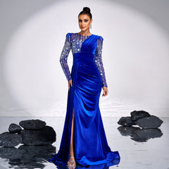 Long Sleeve Rhinestone Sequined Split Evening Dress