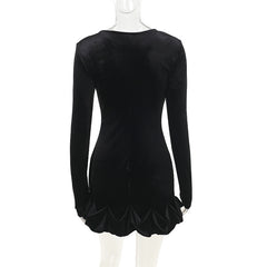 Elegant Velvet Round Neck 3D Pleated Party Dress