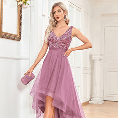 Women Chiffon Double V Neck A Line Sequin Evening Dress