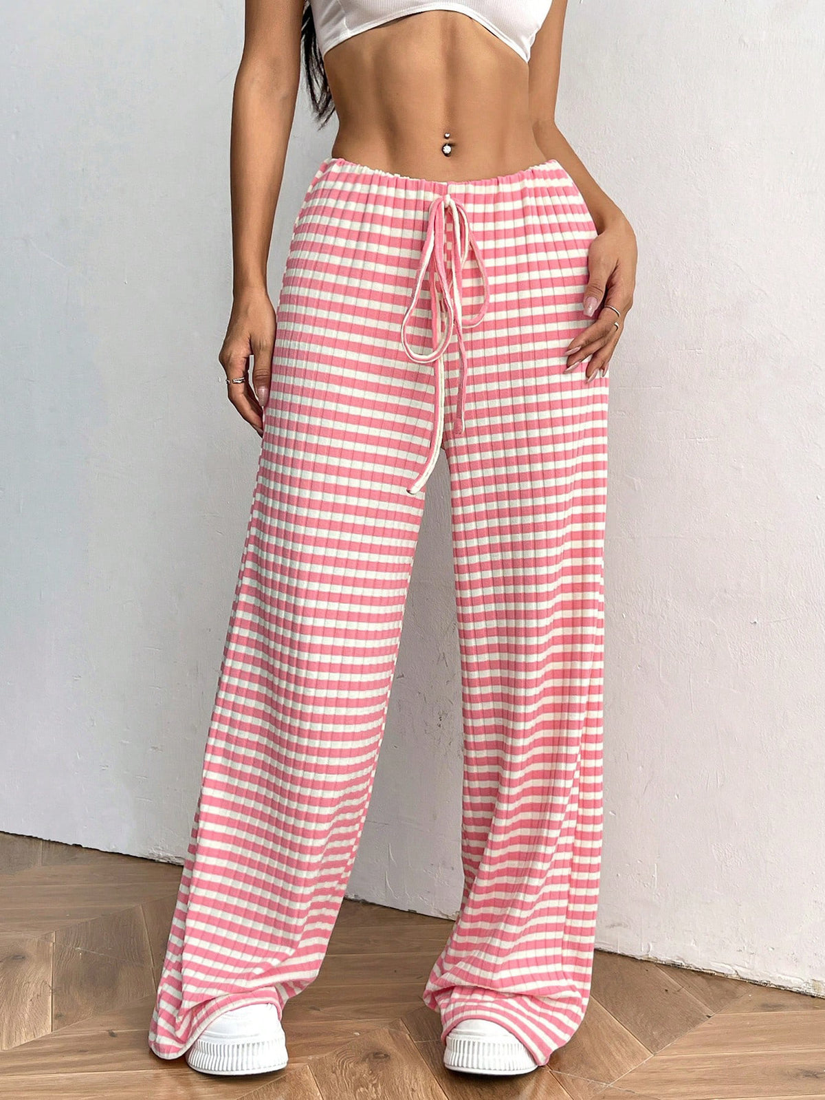 Women Stripe Drawstring Straight Leg Pants