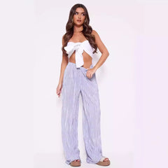 Women High Rise Wide Leg Pleated Casual Pants