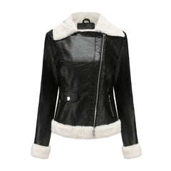 Long Sleeves Turn down Collar Fleece Leather Jacket