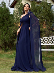 One Shoulder Blue Chiffon Ribbon Fishtail Cocktail Evening Dress