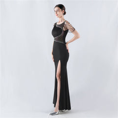 Elegant Embroidery Drilling Sheer Mesh Satin Evening Dress