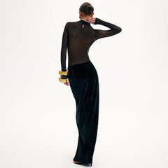 Black Long Sleeve Mesh Velvet Stitching Formal Dress