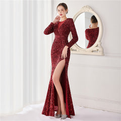 Elegant Long Sleeve Sequined Fishtail Evening Dress