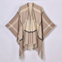 Classic Lines Plaid Shawl Thick Knit Cardigan Cloak