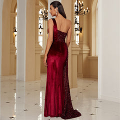 Elegant Sequined One Shoulder Backless Evening Dress