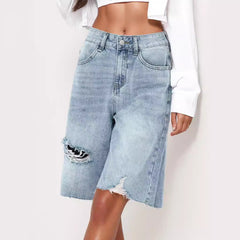 High Waist Retro Worn Loose Raw Hem Cropped Shorts