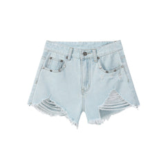 Light Blue Tassel Raw Hem Ripped A line Denim Shorts