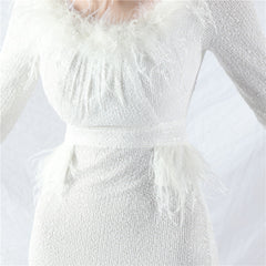 Ostrich Feather Long Sleeve Sequin Evening Dress