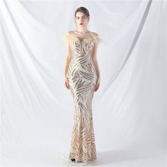 Elegant Boning Corset Ostrich Feather Sequined Evening Dress