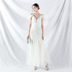 Elegant Ostrich Feather Mesh Sequin Evening Dress